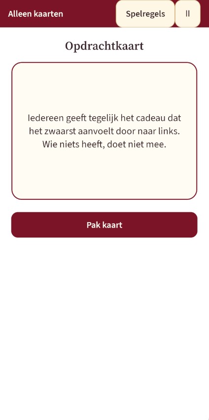 Echte app-screenshot van het digitale kaartendeck op één gedeelde telefoon.