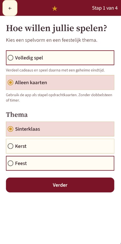 Echte app-screenshot van de keuze voor spelvorm en thema.
