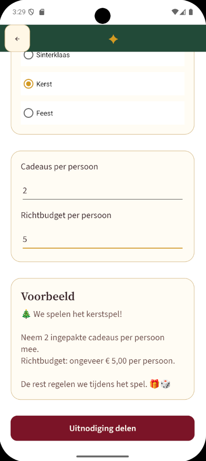 Echte app-screenshot van een lokaal gemaakte uitnodiging voor het Kerst cadeauspel.