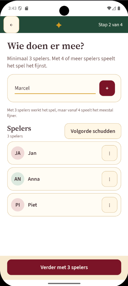 Echte app-screenshot met fictieve spelersnamen.