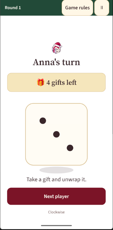 Actual CadeauChaos app screenshot showing an English Christmas Round 1 turn and dice roll.