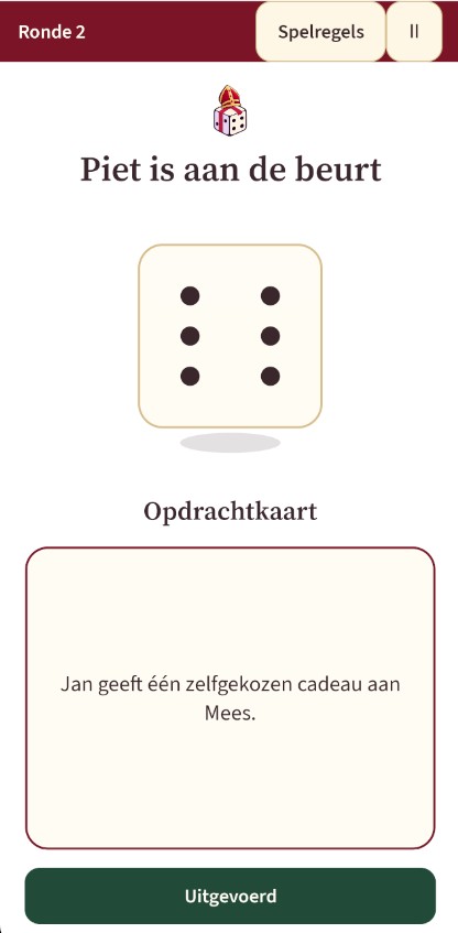 Echte app-screenshot van ronde twee met een opdrachtkaart in CadeauChaos